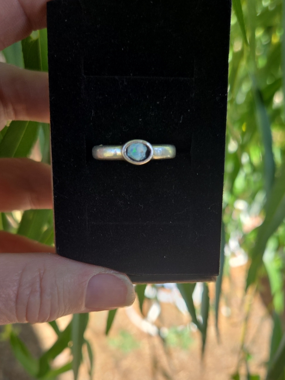 Sterling Silver Opal Ring - Iridescent Blue-Green Stone Size 7